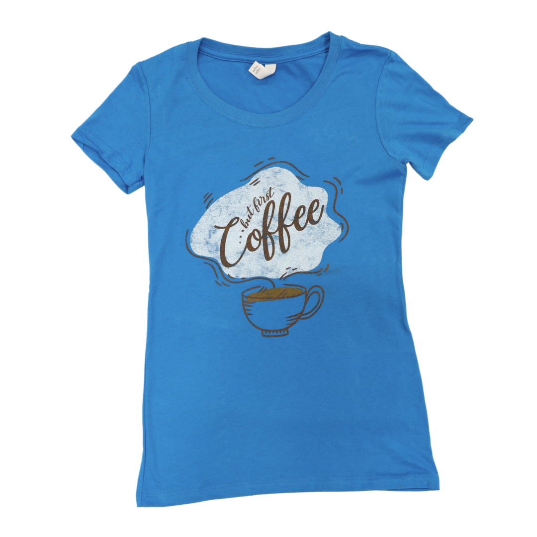 But First Coffee - Vibrant Blue Short Sleeve T-Shirt